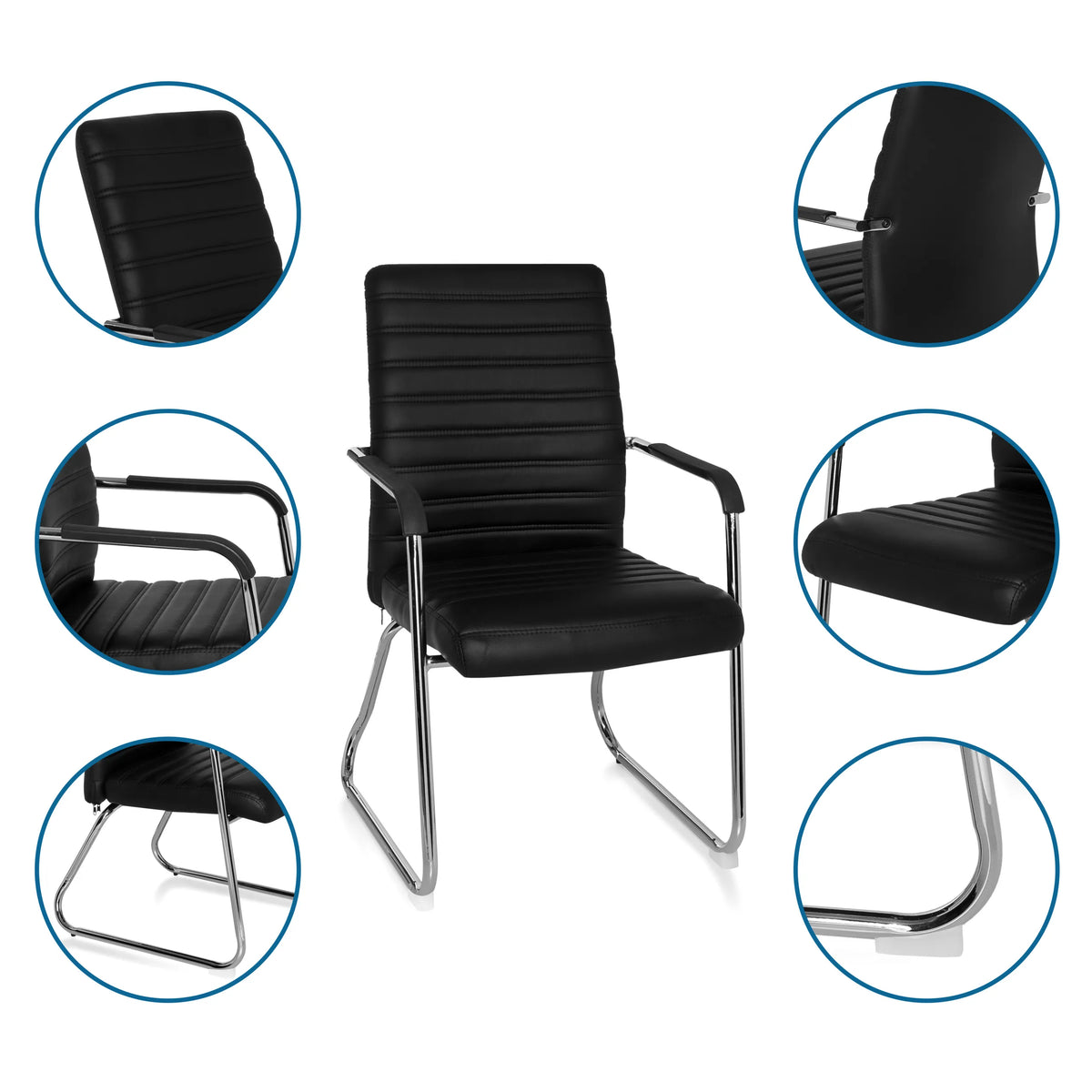 Besucherstuhl STEEL V in Schwarz mit Kufengestell, Armlehnen und gesteppter Polsterung von hjh OFFICE