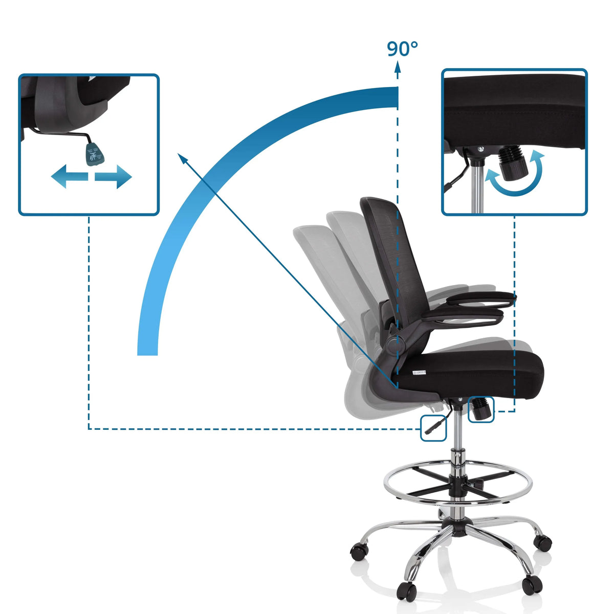 Verstellbare Rückenlehne mit 90 Grad Neigungswinkel des Counterstuhls VENDO WORK in Schwarz von hjh OFFICE