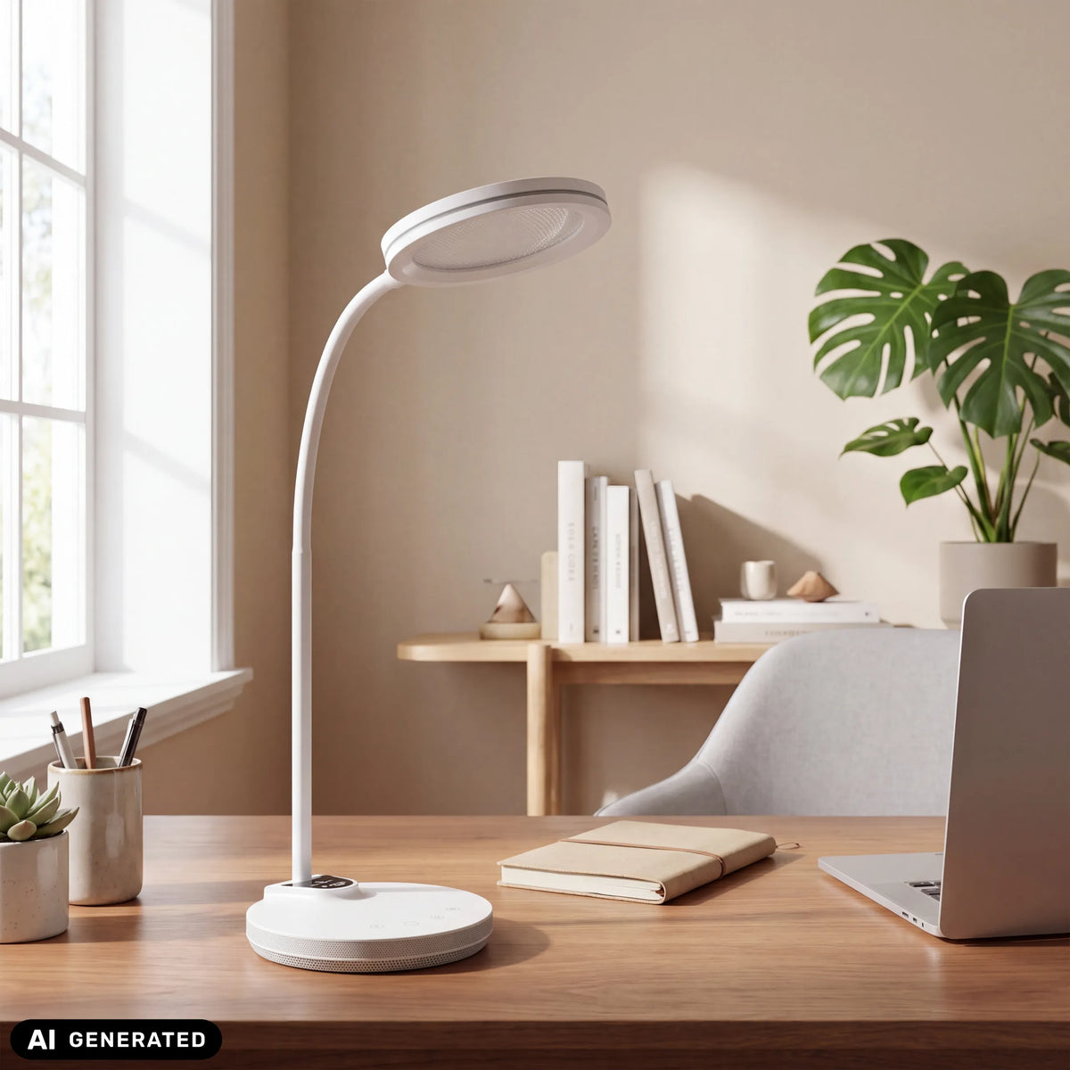 Weiße Schreibtischlampe Lumanova D5 mit gebogenem Hals auf einem Holztisch von hjh OFFICE (KI-generiertes Bild)