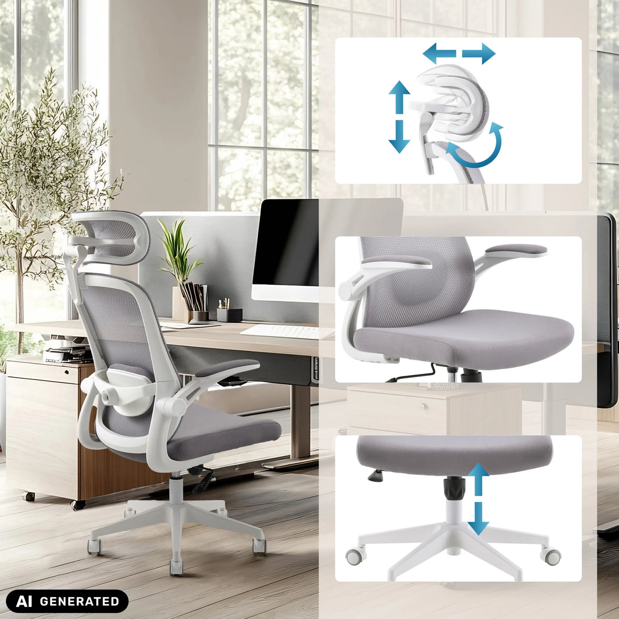 Verstellbare Kopfstütze, Armlehnen und Sitzhöhe des Homeoffice-Bürostuhls Vertuflex von MyBuero (KI-generiertes Bild)