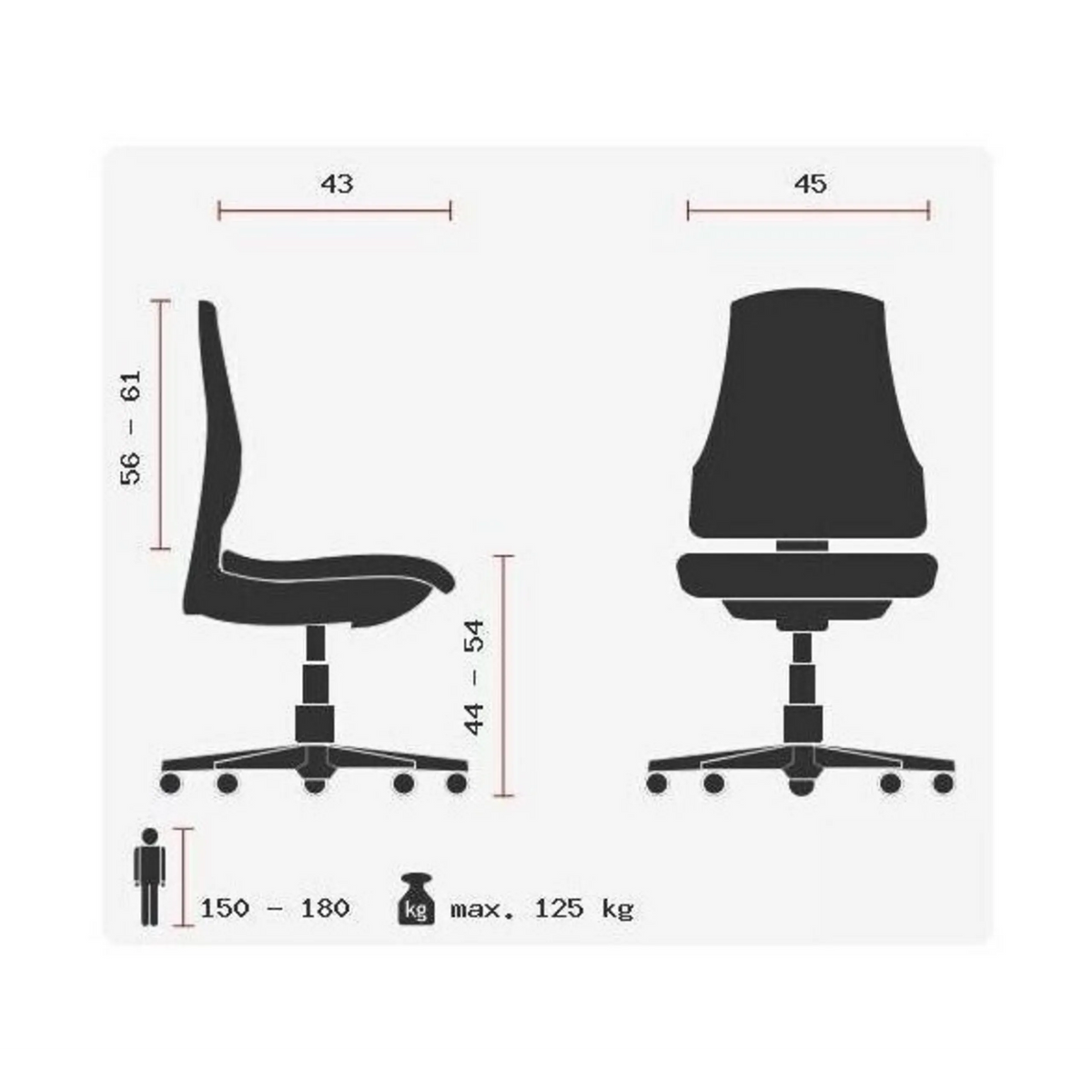 Technische Zeichnung des Profi-Bürostuhls ZERO 35 mit einer maximalen Belastung von 125 kg von Sitwell Steifensand