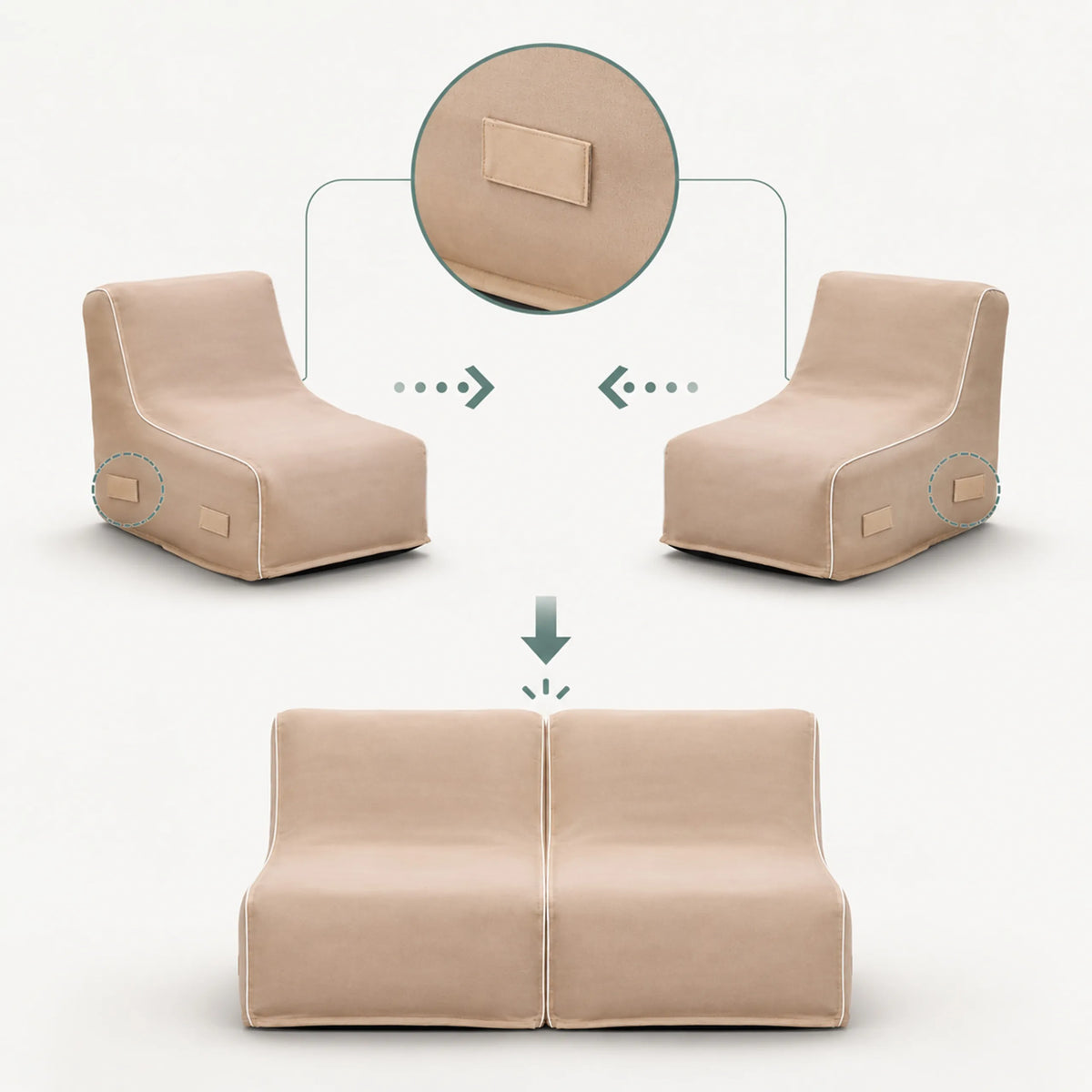 Klettverschluss zur Verbindung zweier beiger Luftsofas Sitzolo Air von hjh LIVING