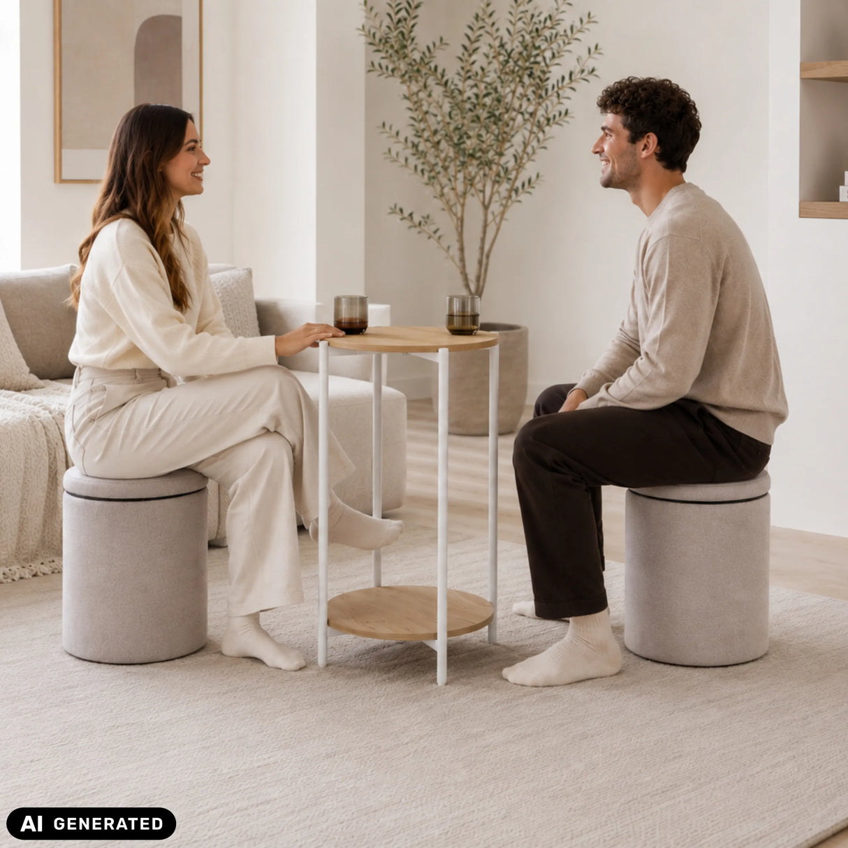 Beistelltisch Nestup 1 in Weiß und Eiche mit integriertem gepolstertem Hocker von hjh LIVING (KI-generiertes Bild)