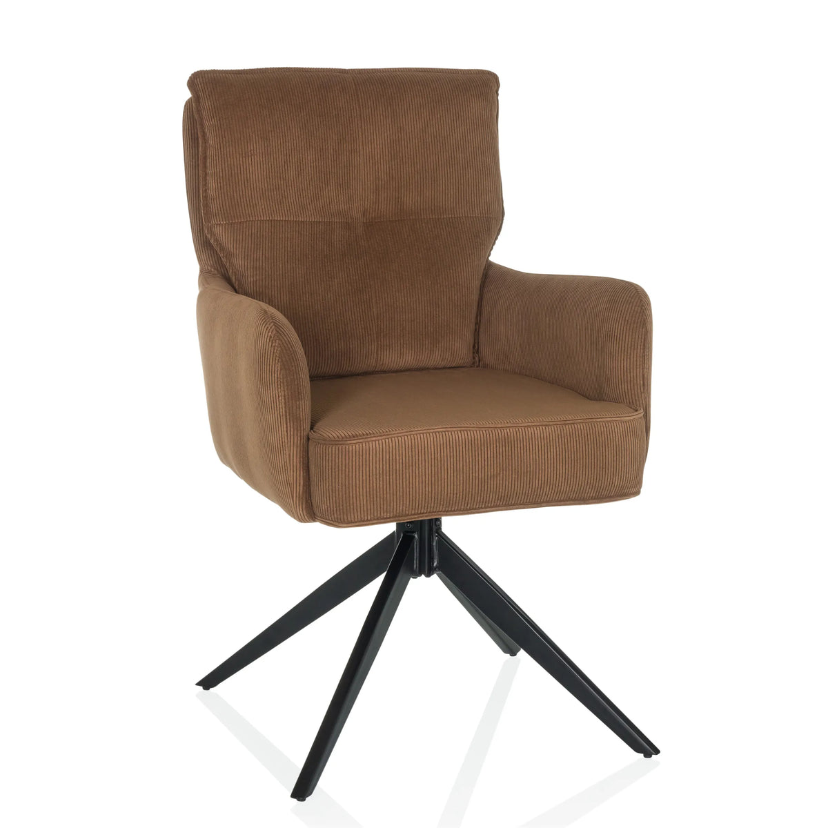Brauner Polsterstuhl TARUGO mit Cordbezug und schwarzem viersternförmigen Fußkreuz von hjh LIVING – 360-Grad-Ansicht (Frontansicht 15°)