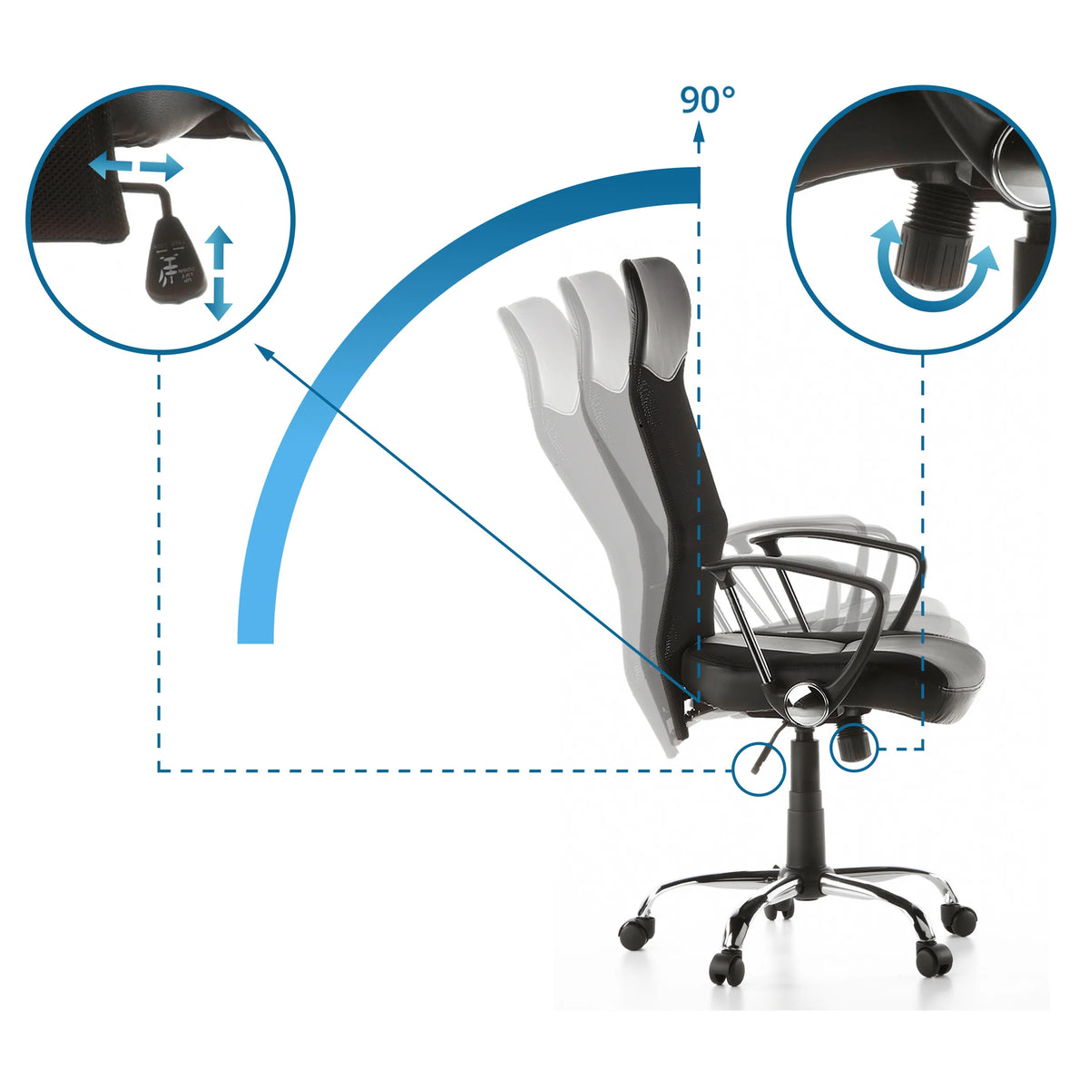 Verstellmechanismen der Rückenlehne des Homeoffice Chefsessel STRYKA mit 90°-Neigungswinkel von hjh OFFICE