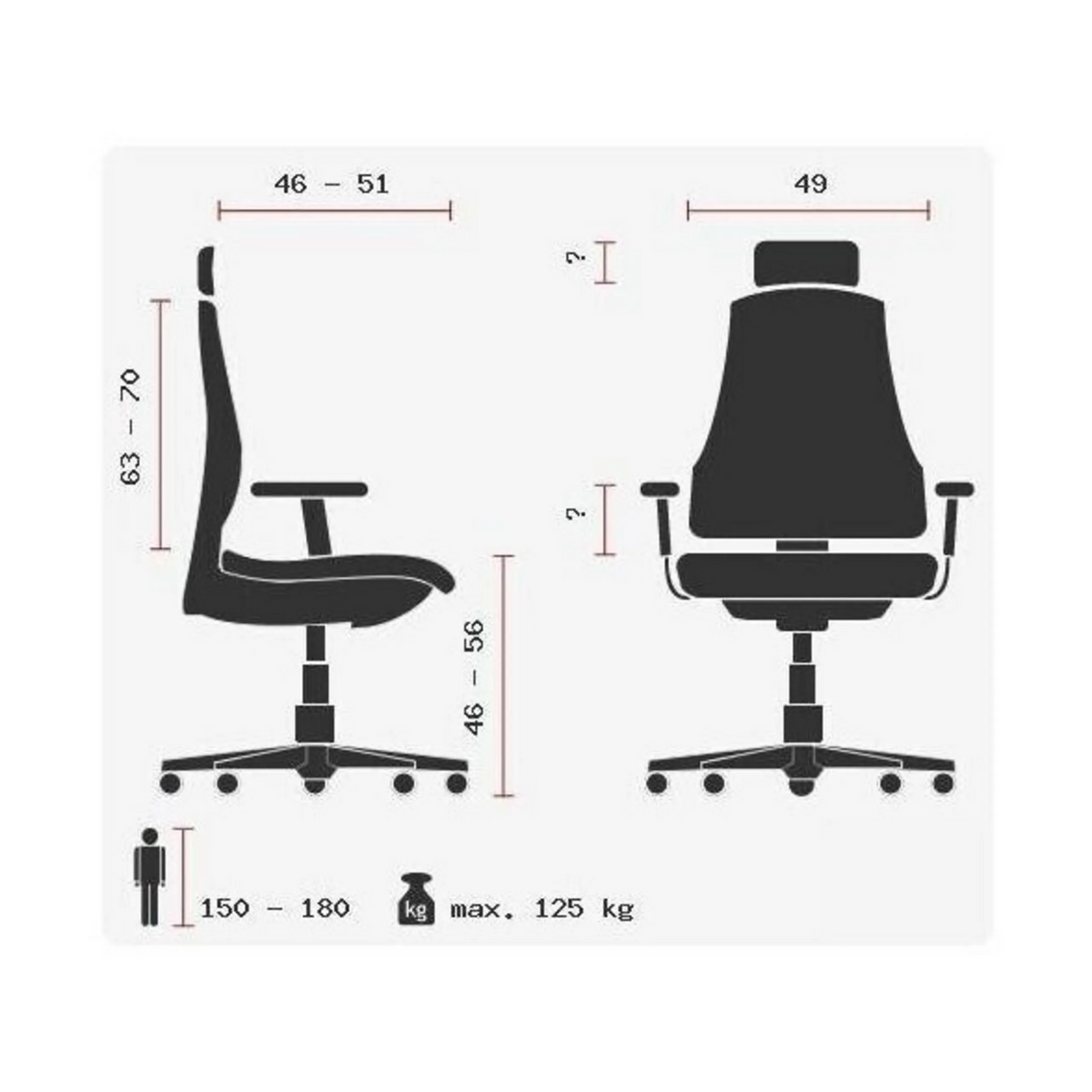 Technische Zeichnung des High-End-Bürostuhls ZERO 51 AL mit einer maximalen Belastbarkeit von 125 kg von Sitwell Steifensand