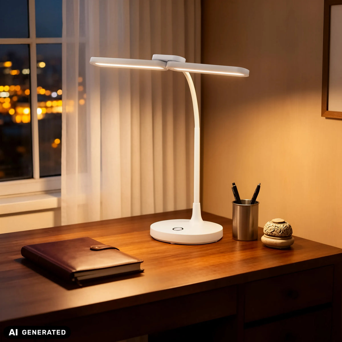 Weiße Schreibtischlampe Lumanova D6 mit breitem Lampenkopf auf einem Holztisch von hjh OFFICE (KI-generiertes Bild)