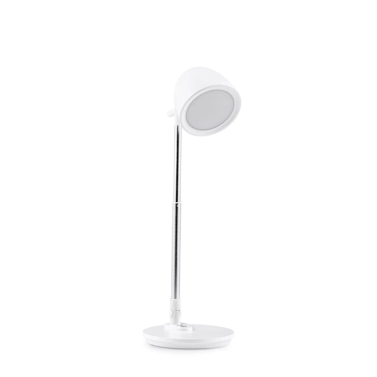 Weiße Schreibtischlampe Lumanova D3 mit rundem Standfuß, schlankem Hals und rundem Lampenschirm von hjh OFFICE – 360-Grad-Ansicht (Frontansicht 0°)