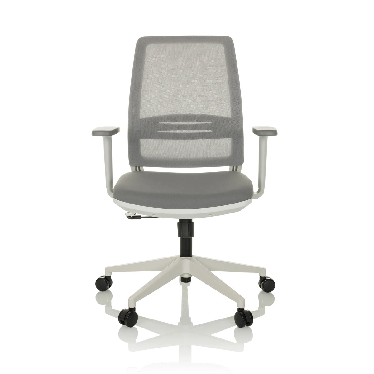 Grauer Homeoffice-Bürostuhl PROFONDO ECO W mit Netzrücken und Fußkreuz mit fünf Rollen von hjh OFFICE – 360-Grad-Ansicht (Frontansicht 0°)
