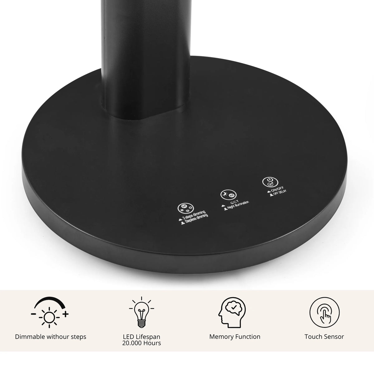 Touch-Bedienelemente auf dem schwarzen Standfuß der Schreibtischlampe Lumanova D4 von hjh OFFICE
