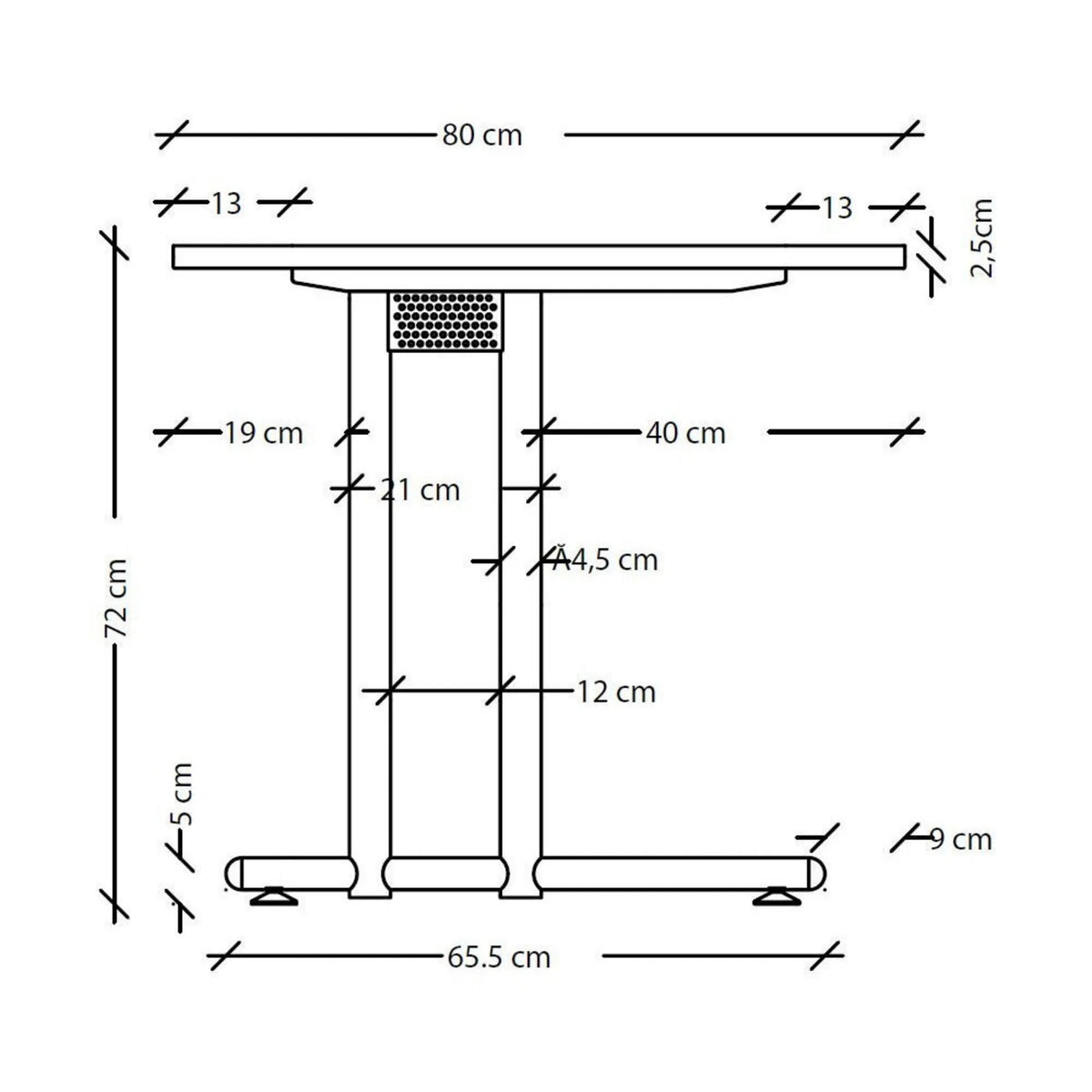 Maßzeichnung des Schreibtisches NANO 18 S der Serie NANO mit einer Breite von 80 cm und Höhe von 72 cm von hjh OFFICE PRO
