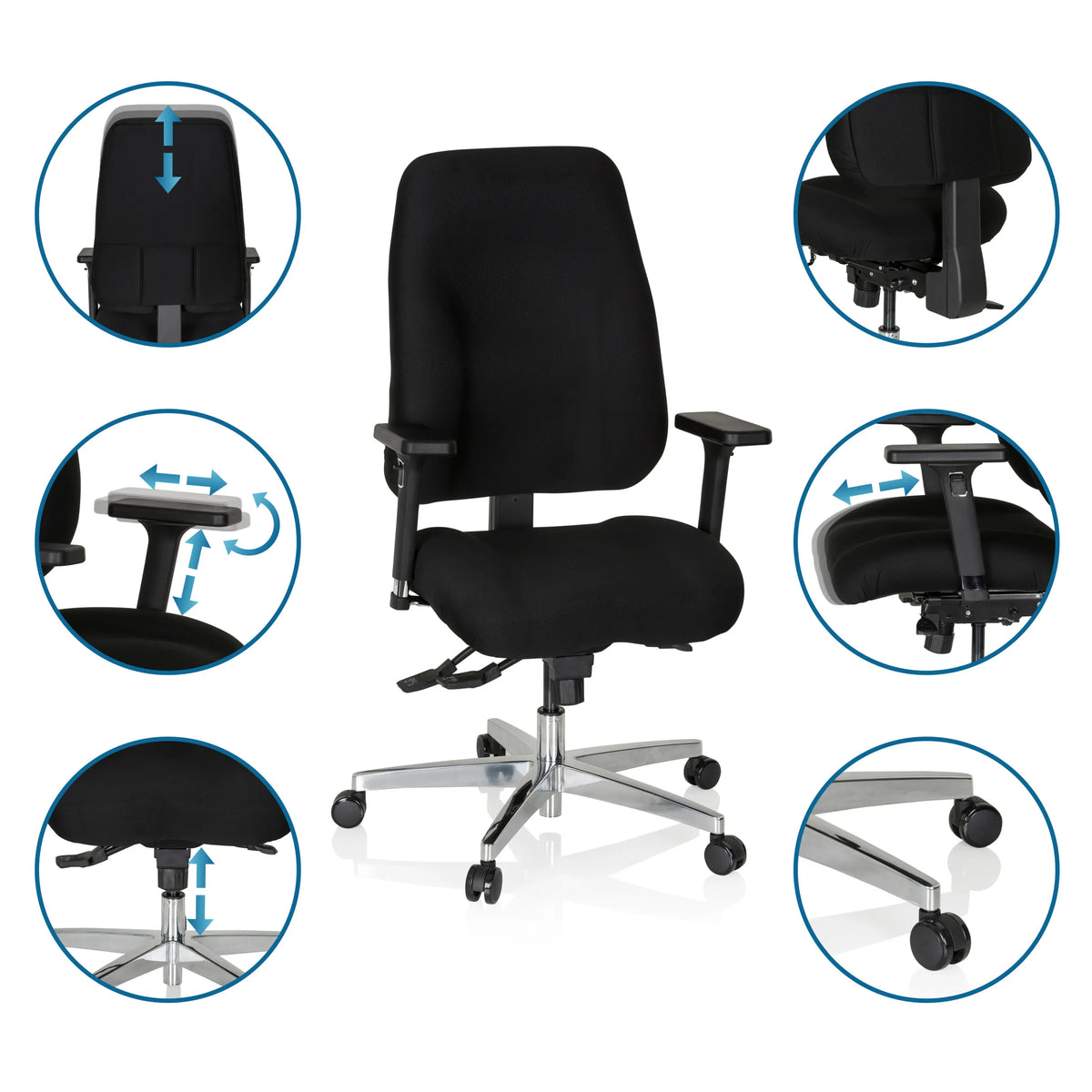 Verstellbare Funktionen des Profi-Bürostuhls ZENIT COMFORT in Schwarz mit Rollen und Armlehnen von hjh OFFICE