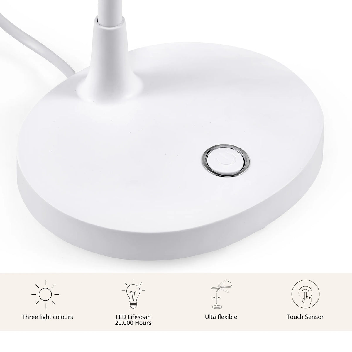 Weißer Standfuß mit integriertem Touch-Sensor der Schreibtischlampe Lumanova D6 von hjh OFFICE