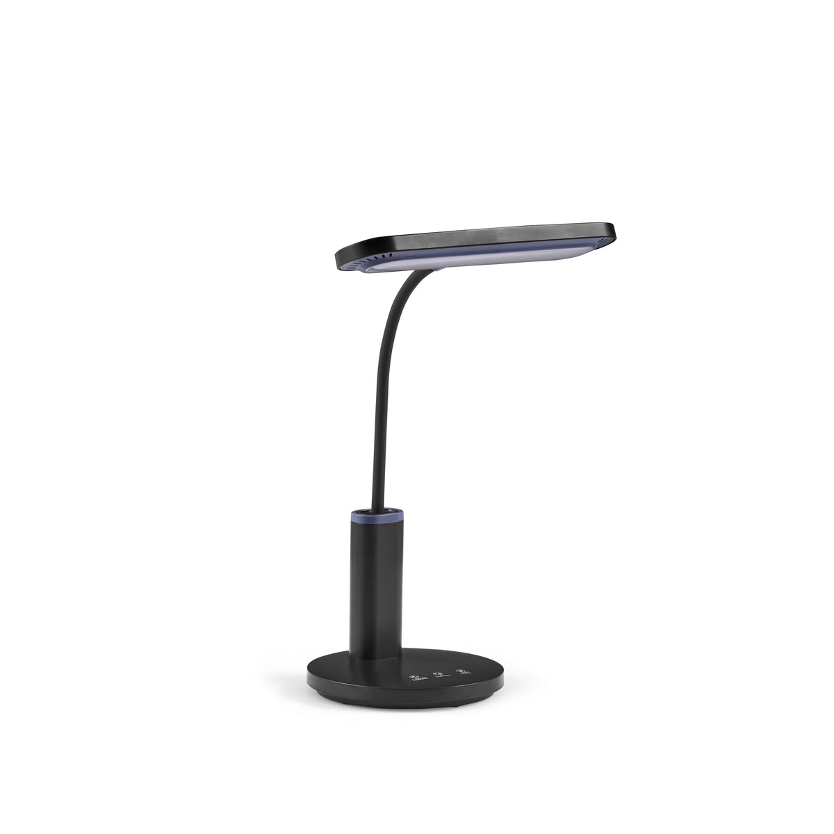 Schwarze Schreibtischlampe Lumanova D4 mit flexiblem Schwanenhals und rundem Standfuß von hjh OFFICE – 360-Grad-Ansicht (Frontansicht 0°)