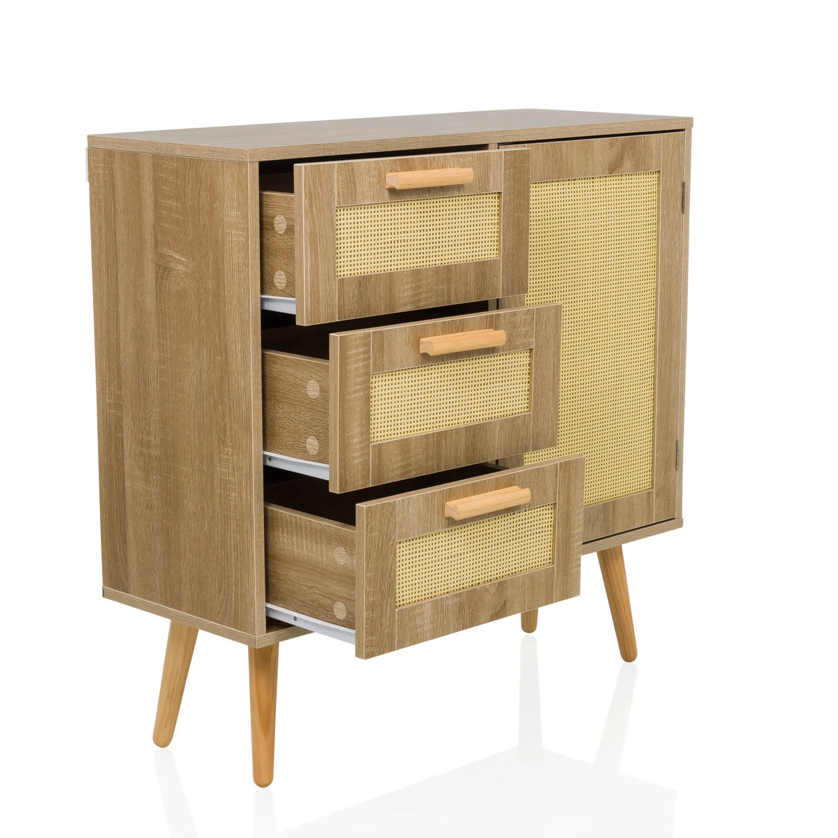 Hellbraunes Sideboard STRYN mit drei offenen Schubladen, Wiener Geflecht und Beinen von hjh LIVING