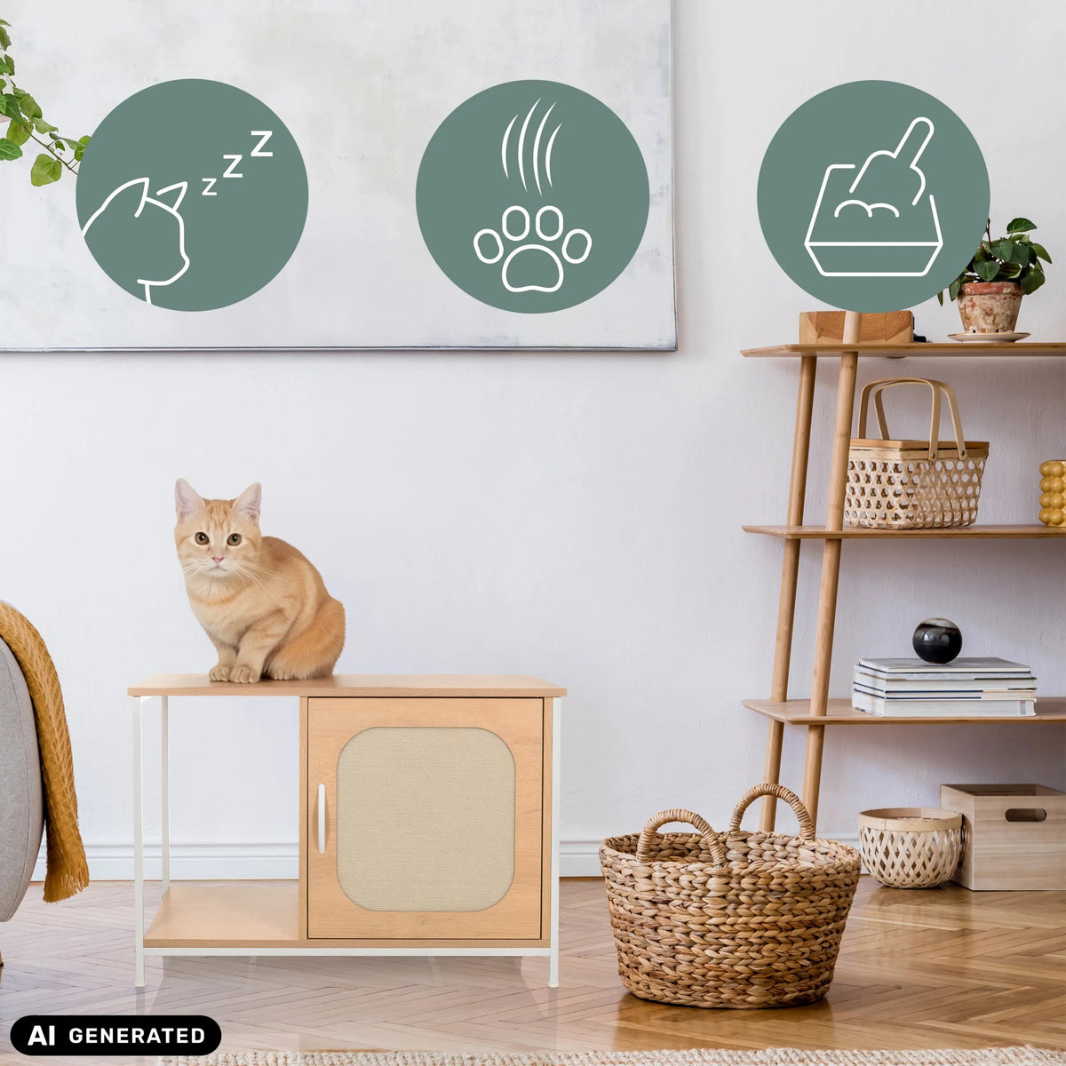 Katzenhaus KITTYHOME 1 in Weiß und Buche mit einer darauf sitzenden Katze von hjh LIVING (KI-generiertes Bild)