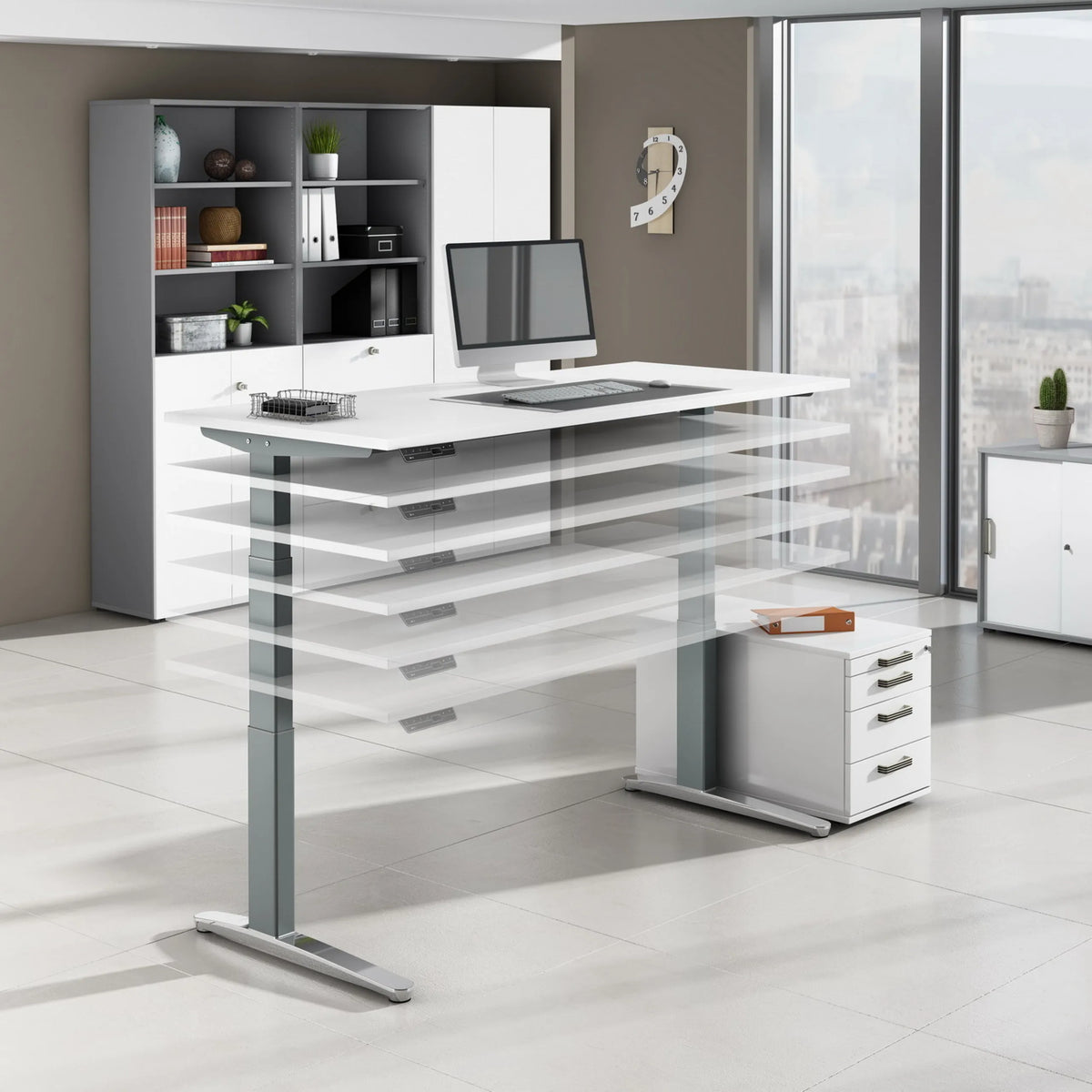 Elektrisch höhenverstellbarer Schreibtisch XBHM 19 WC in Asteiche mit weißer Platte von hjh OFFICE PRO