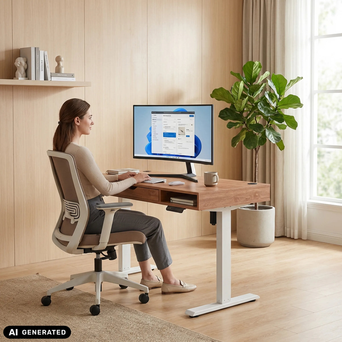 Elektrisch höhenverstellbarer Schreibtisch Worktime Style in Eiche und Weiß von hjh OFFICE (KI-generiertes Bild)