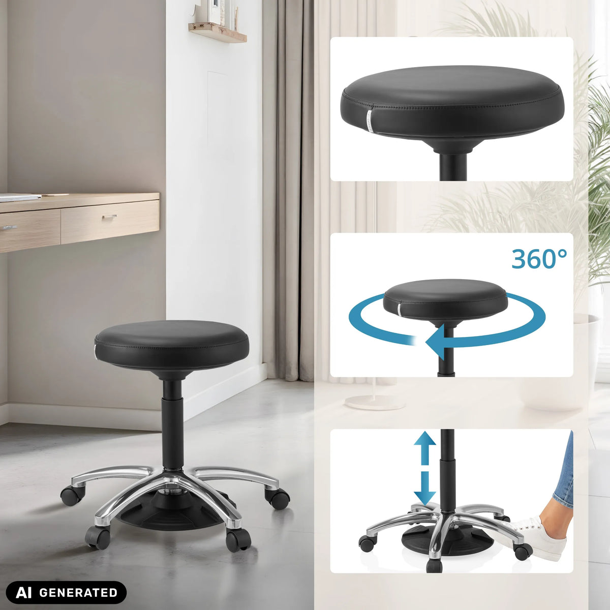 Höhenverstellbarer Drehhocker Operator Step mit 360-Grad-Drehfunktion und Rollen von hjh OFFICE (KI-generiertes Bild)