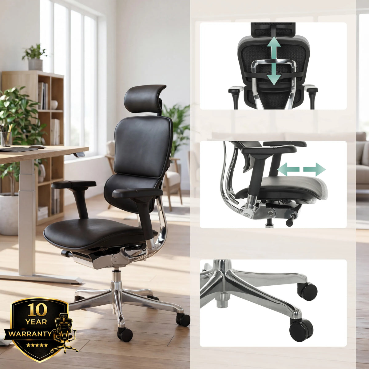 Luxus-Chefsessel ERGOHUMAN GEN2 aus schwarzem Leder mit verstellbarer Kopfstütze und Armlehnen von hjh OFFICE