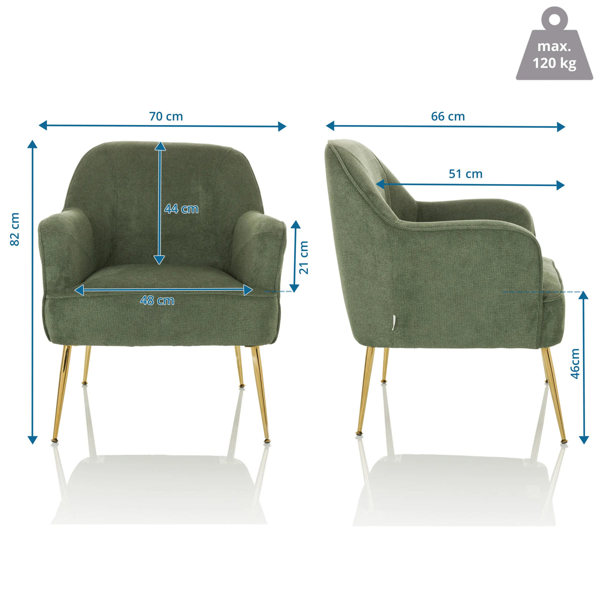 Maßzeichnung des Loungesessels THASSOS mit einer Breite von 70 cm und einer Höhe von 82 cm von hjh LIVING