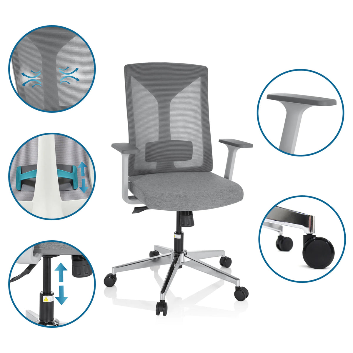 Grauer Profi-Bürostuhl HALIFAX mit Detailansichten zu Netzrücken, Armlehnen, Gasfeder und Rollen von hjh OFFICE
