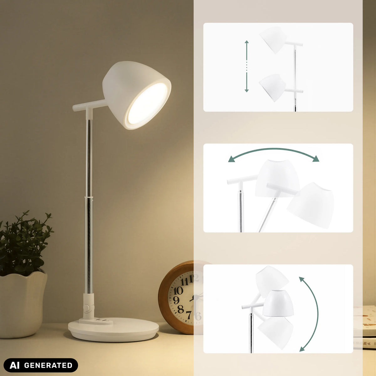 Höhen- und Neigungsverstellung der Schreibtischlampe Lumanova D3 in Weiß von hjh OFFICE (KI-generiertes Bild)