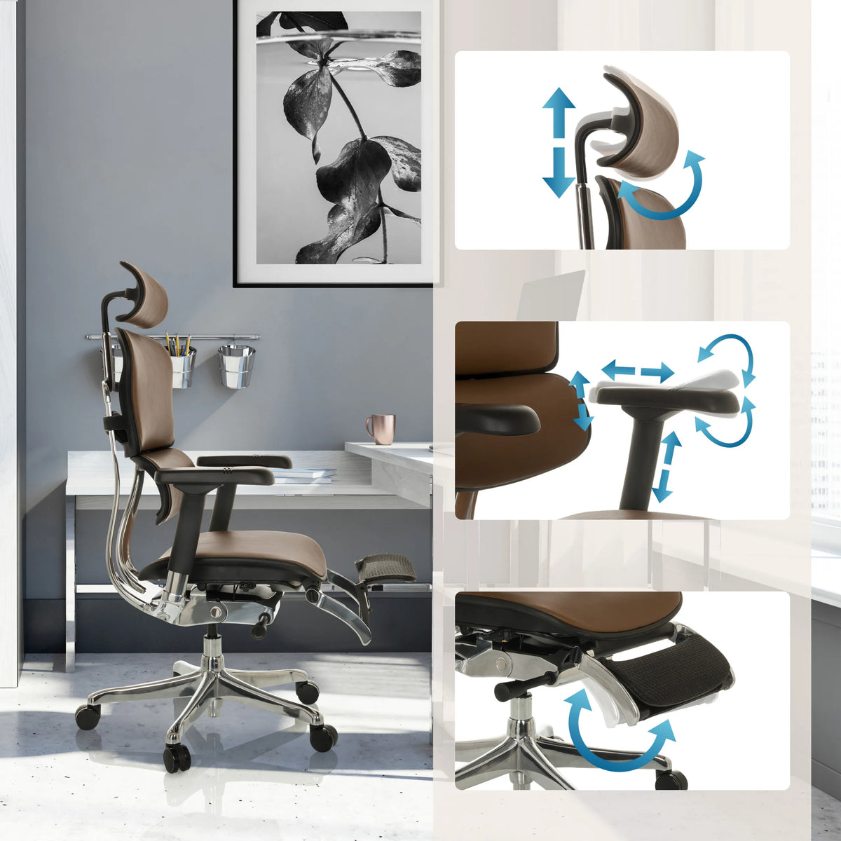 Verstellbare Kopfstütze, Armlehnen und Sitzfläche des Luxus-Chefsessel ERGOHUMAN PLUS LEGPRO GEN2 von hjh OFFICE