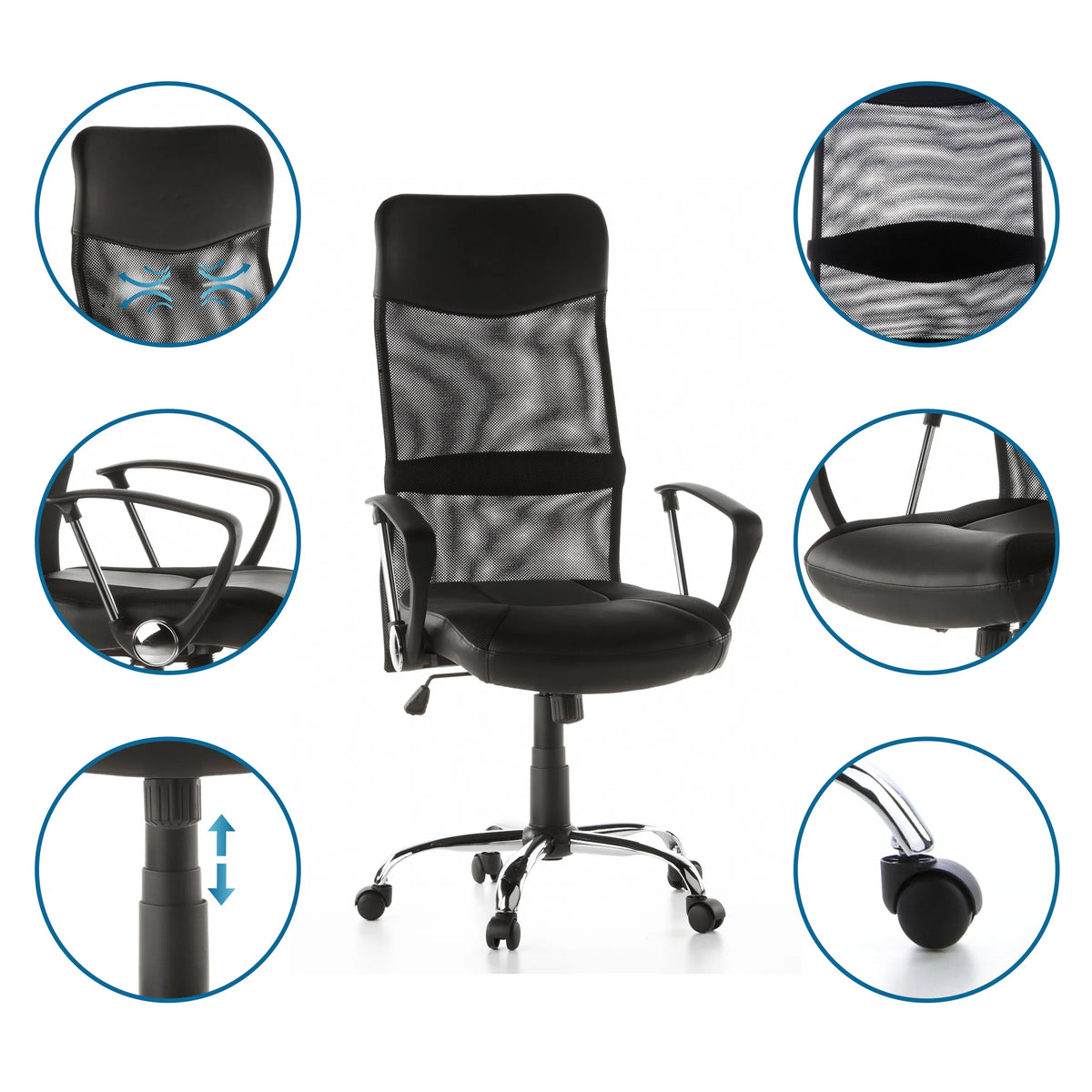 Homeoffice Chefsessel STRYKA aus Kunstleder und Netz mit Detailansichten von hjh OFFICE