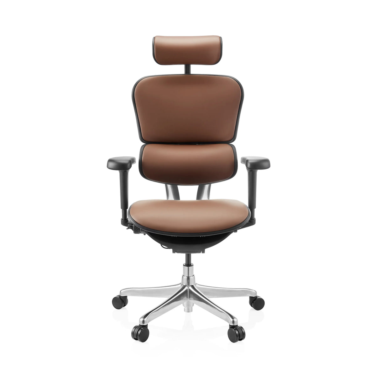 Brauner Luxus-Chefsessel ERGOHUMAN ULTRA L GEN2 aus Leder mit Kopfstütze und Fußkreuz mit fünf Rollen von hjh OFFICE – 360-Grad-Ansicht (Frontansicht 0°)
