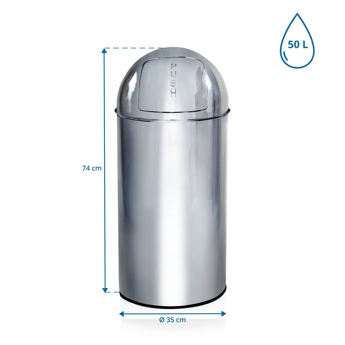 Maßansicht des Mülleimers PUSH 50L mit einer Höhe von 74 cm und 50 L Volumen von hjh OFFICE
