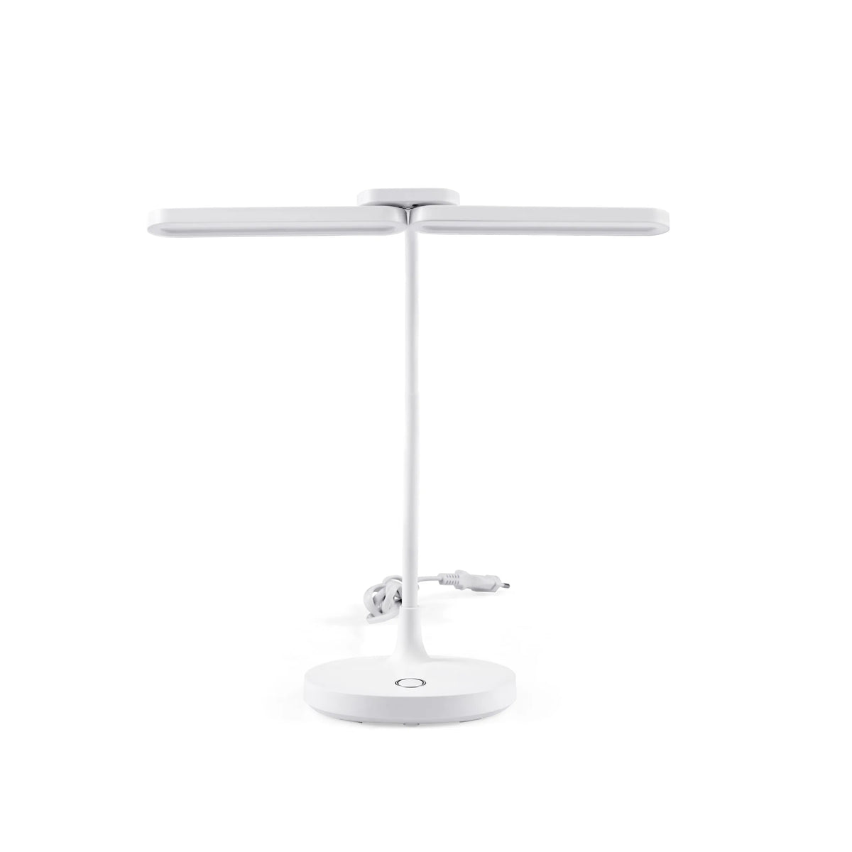 Weiße Schreibtischlampe Lumanova D6 mit T-förmigem Lampenkopf und rundem Standfuß von hjh OFFICE – 360-Grad-Ansicht (Frontansicht 0°)