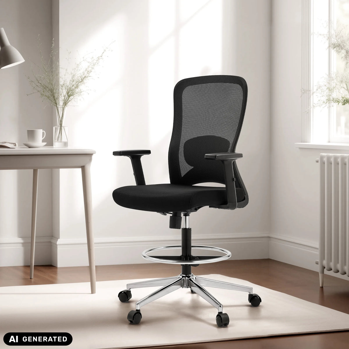 Schwarzer Arbeitsstuhl Top Work 44 mit Netzrückenlehne und Fußring von hjh OFFICE (KI-generiertes Bild)