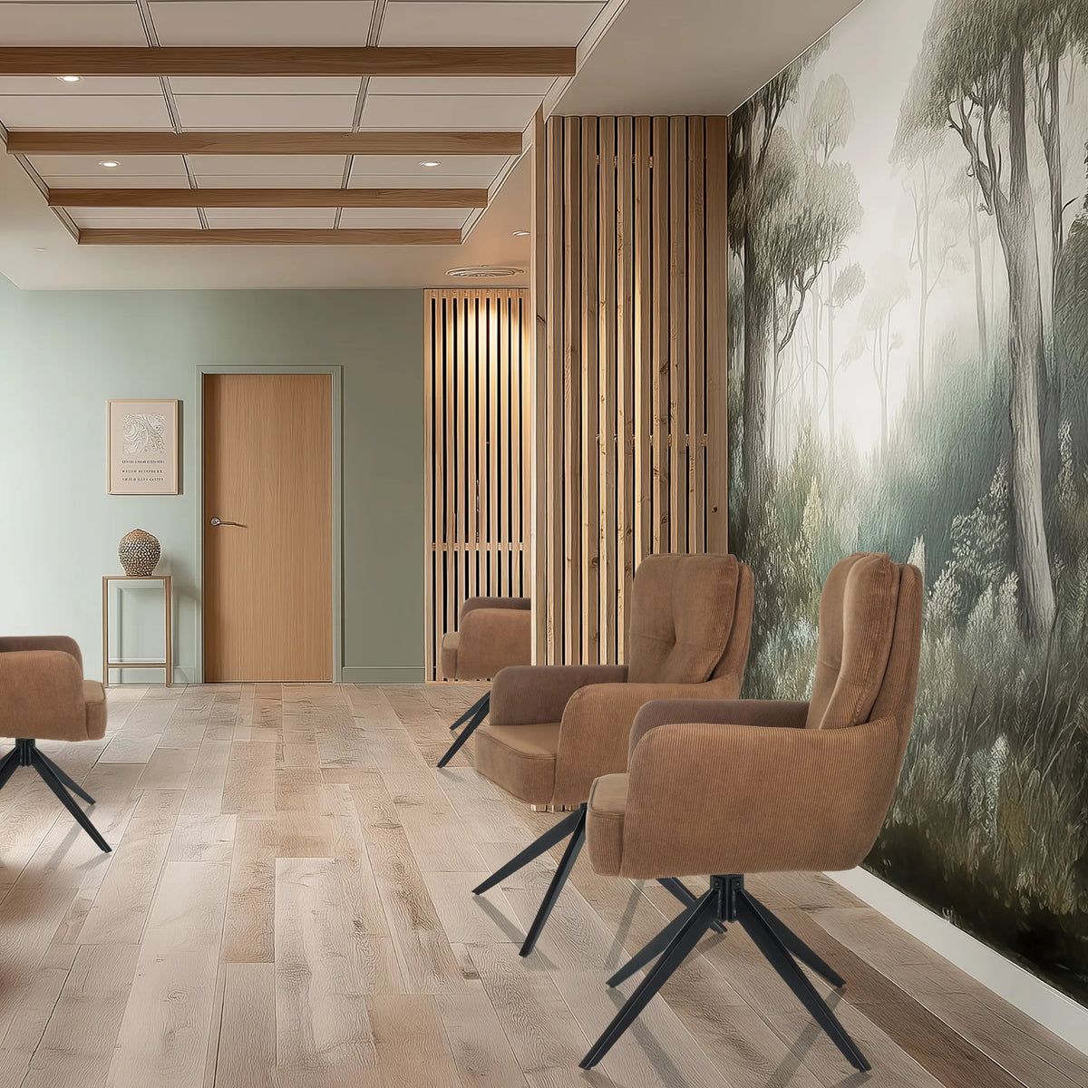 Braune Polsterstühle TARUGO mit schwarzen Sternfüßen in einem modernen Raum von hjh LIVING
