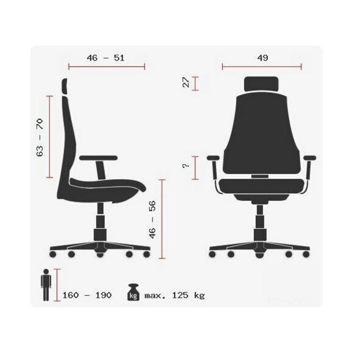 Technische Zeichnung des High-End-Bürostuhls ZERO O1 AL S mit max. 125 kg Belastbarkeit von Sitwell Steifensand