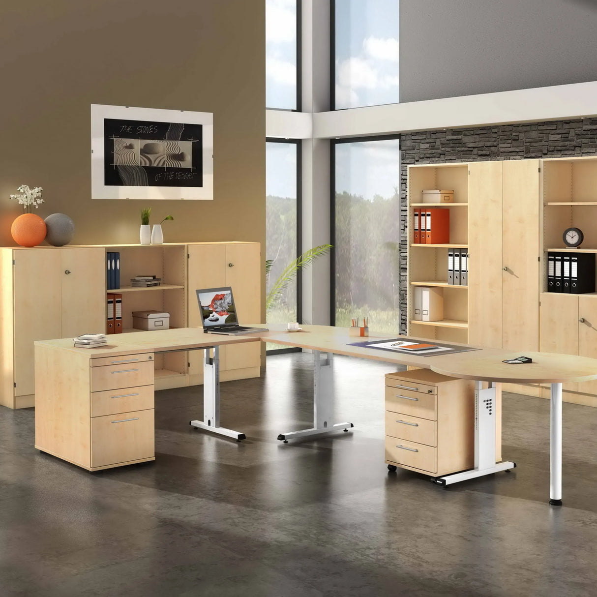 Höhenverstellbarer Schreibtisch MEGA 18 W in Eiche und Weiß mit zwei Schubladenelementen von hjh OFFICE PRO