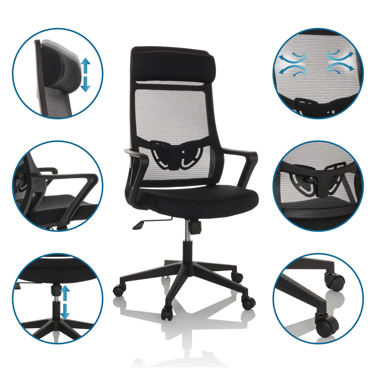 Home-Office-Bürostuhl NEKEO in Schwarz mit verstellbaren Details und Rollen von hjh OFFICE