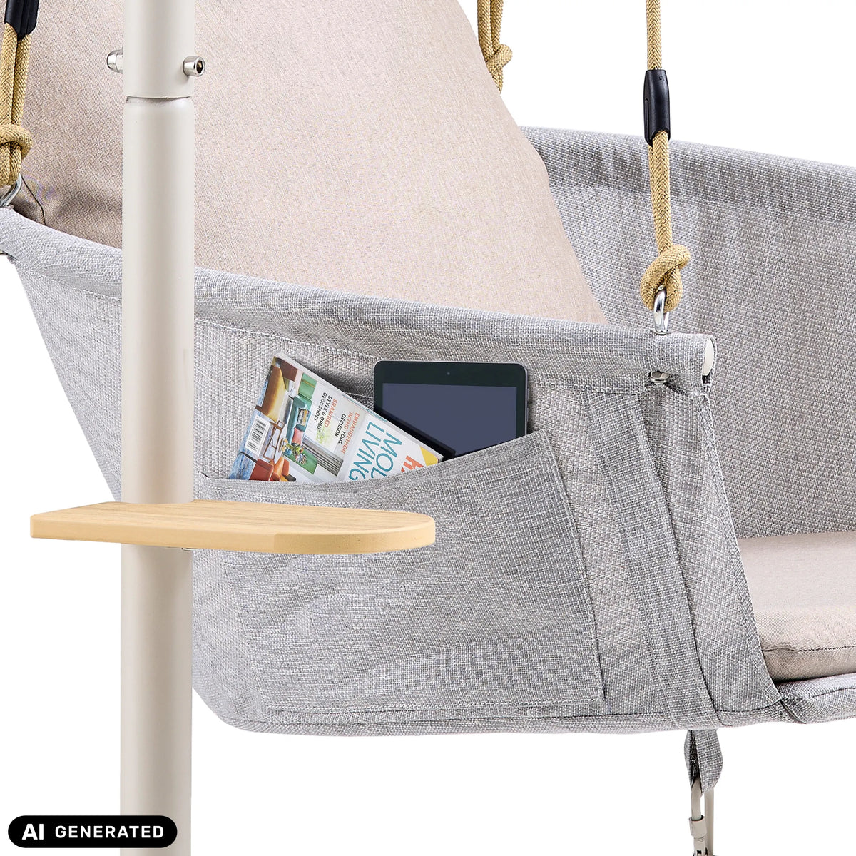 Seitentasche mit Tablet und Magazin am Hängesessel Skylo inklusive kleinem Beistelltisch von hjh LIVING (KI-generiertes Bild)