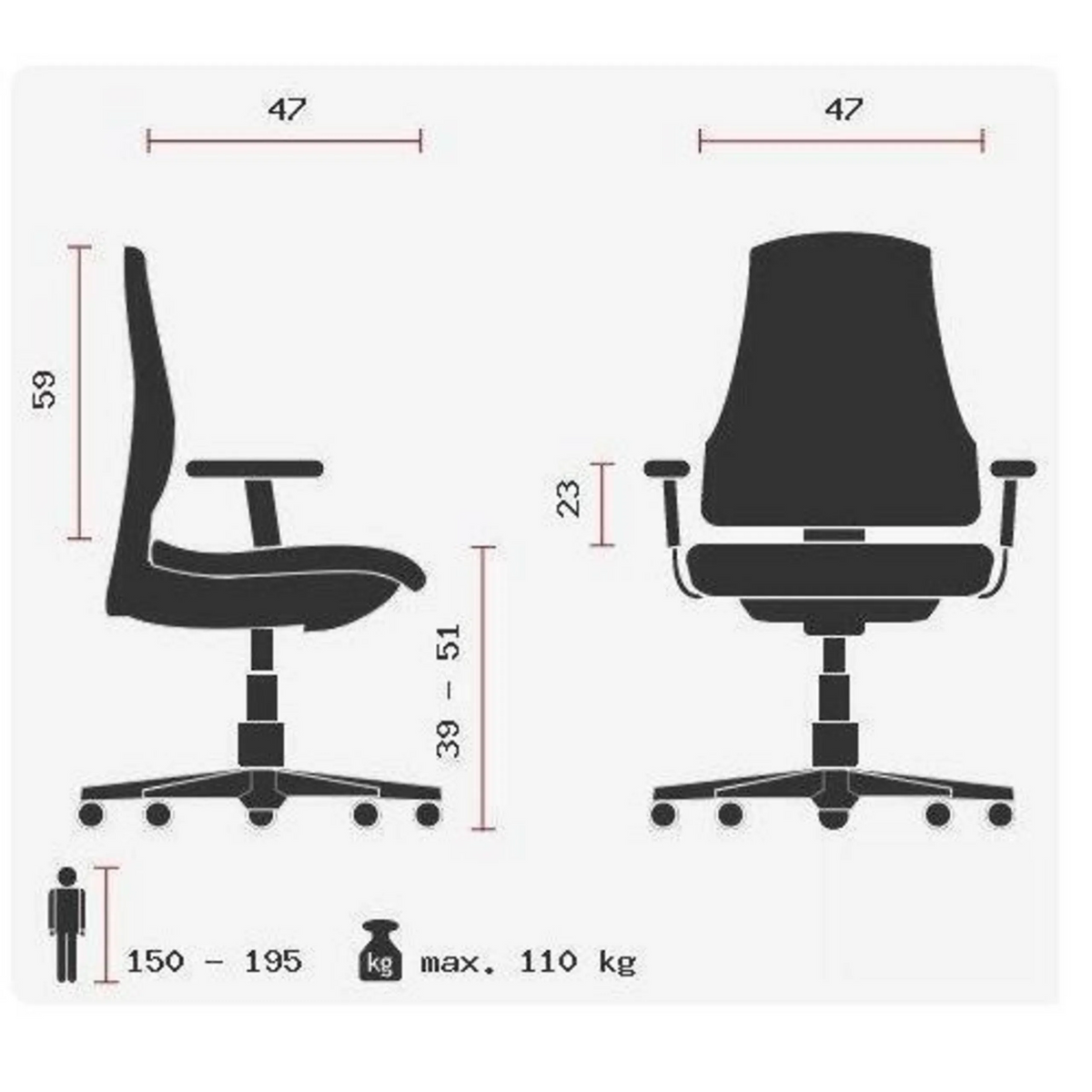 Technische Zeichnung des Profi-Bürostuhls HJH SOLUTION PRO AL.B2 mit einer maximalen Belastbarkeit von 110 kg von Topstar