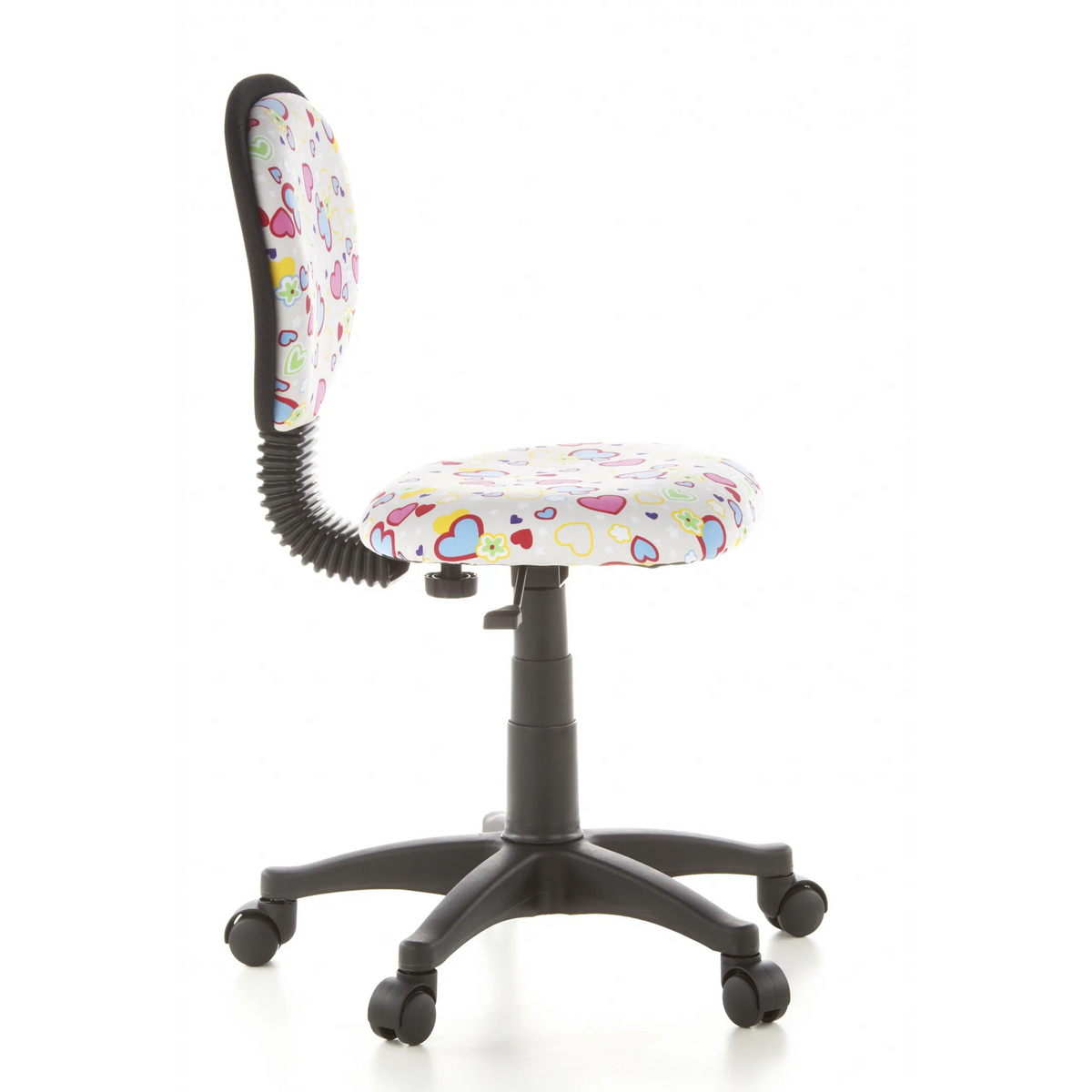 Kinderdrehstuhl KIDDY TOP mit buntem Herz- und Blumenmuster sowie Fußkreuz mit fünf Rollen von hjh OFFICE – 360-Grad-Ansicht (Seitenprofil 80°)