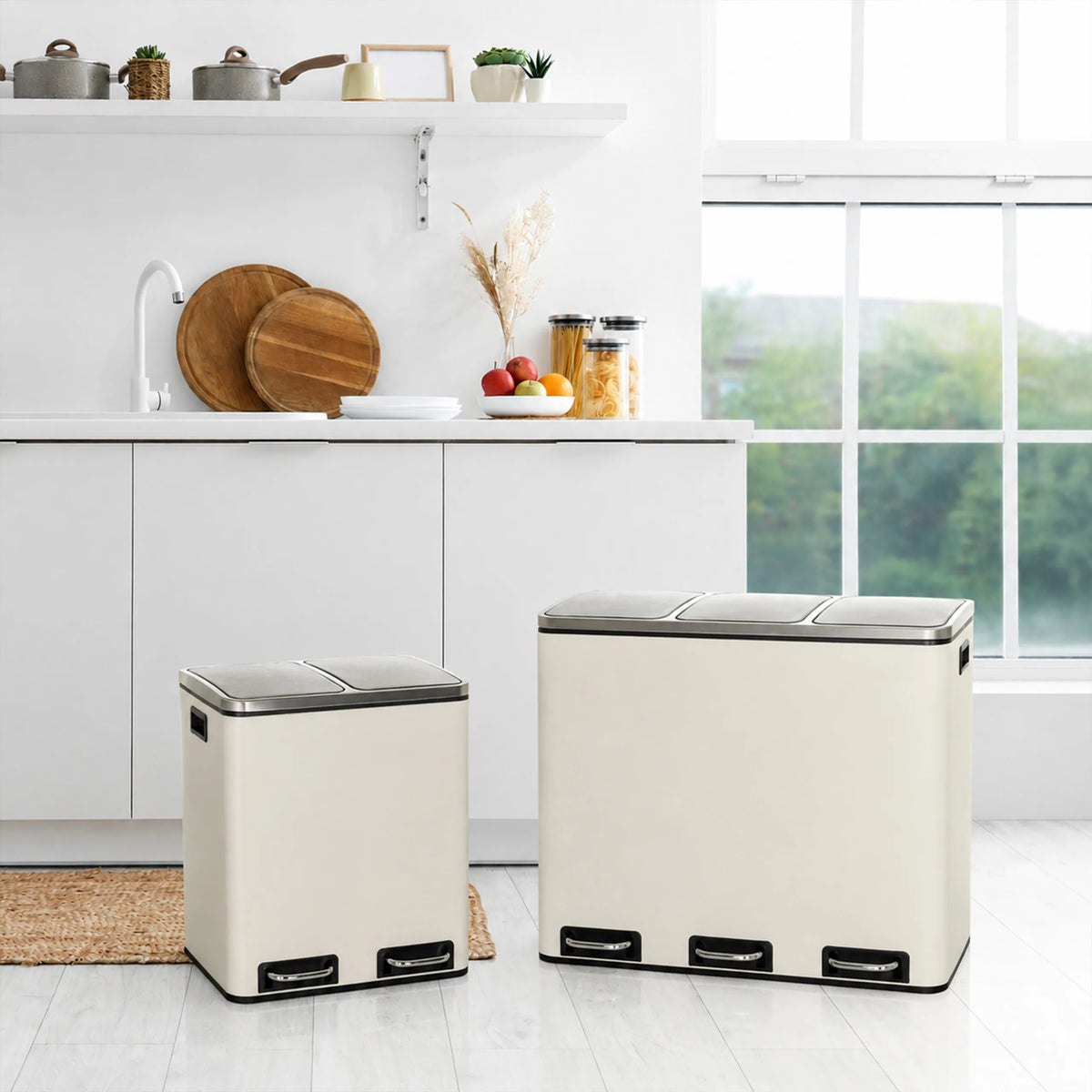 Zwei beige Mülleimer Clean 9 mit silbernen Deckeln und Griffen in einer hellen Küche von hjh OFFICE