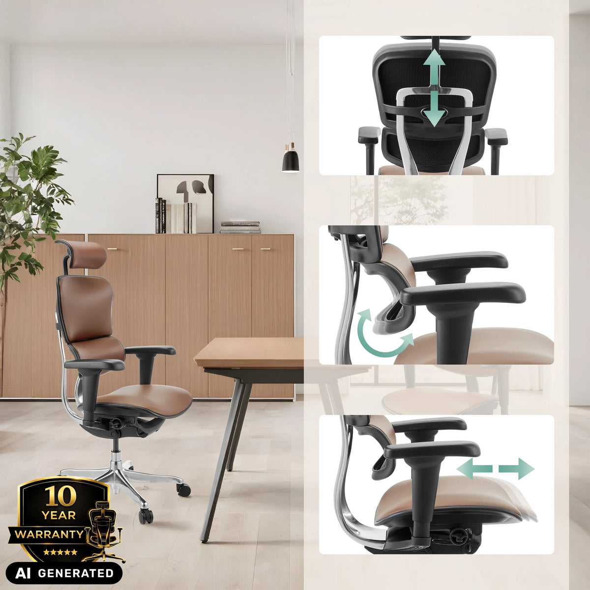 Verstellbare Kopfstütze und Armlehnen des Luxus-Chefsessels ERGOHUMAN ULTRA L GEN2 von hjh OFFICE (KI-generiertes Bild)