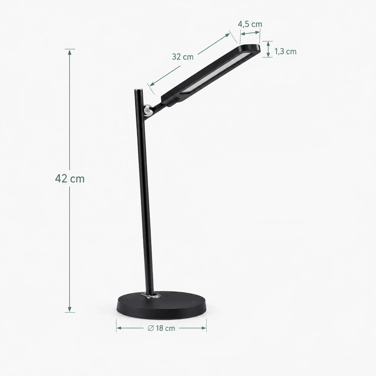 Technische Zeichnung der Schreibtischlampe Lumanova D2 mit einer Höhe von 42 cm und 18 cm Fußdurchmesser von hjh OFFICE