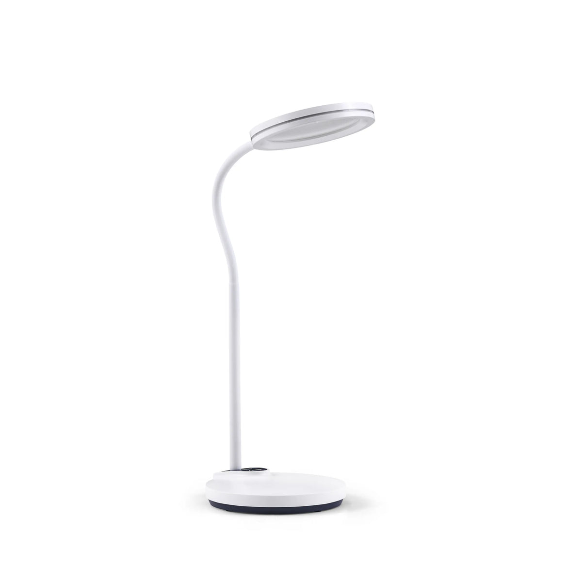 Weiße Schreibtischlampe Lumanova D5 mit rundem Fuß und flachem, kreisförmigem Lampenkopf von hjh OFFICE – 360-Grad-Ansicht (Frontansicht 15°)