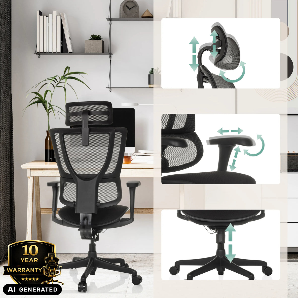 Luxus-Chefsessel ERGOHUMAN SLIM ECO F GEN2 mit verstellbarer Kopfstütze und Armlehnen von hjh OFFICE (KI-generiertes Bild)