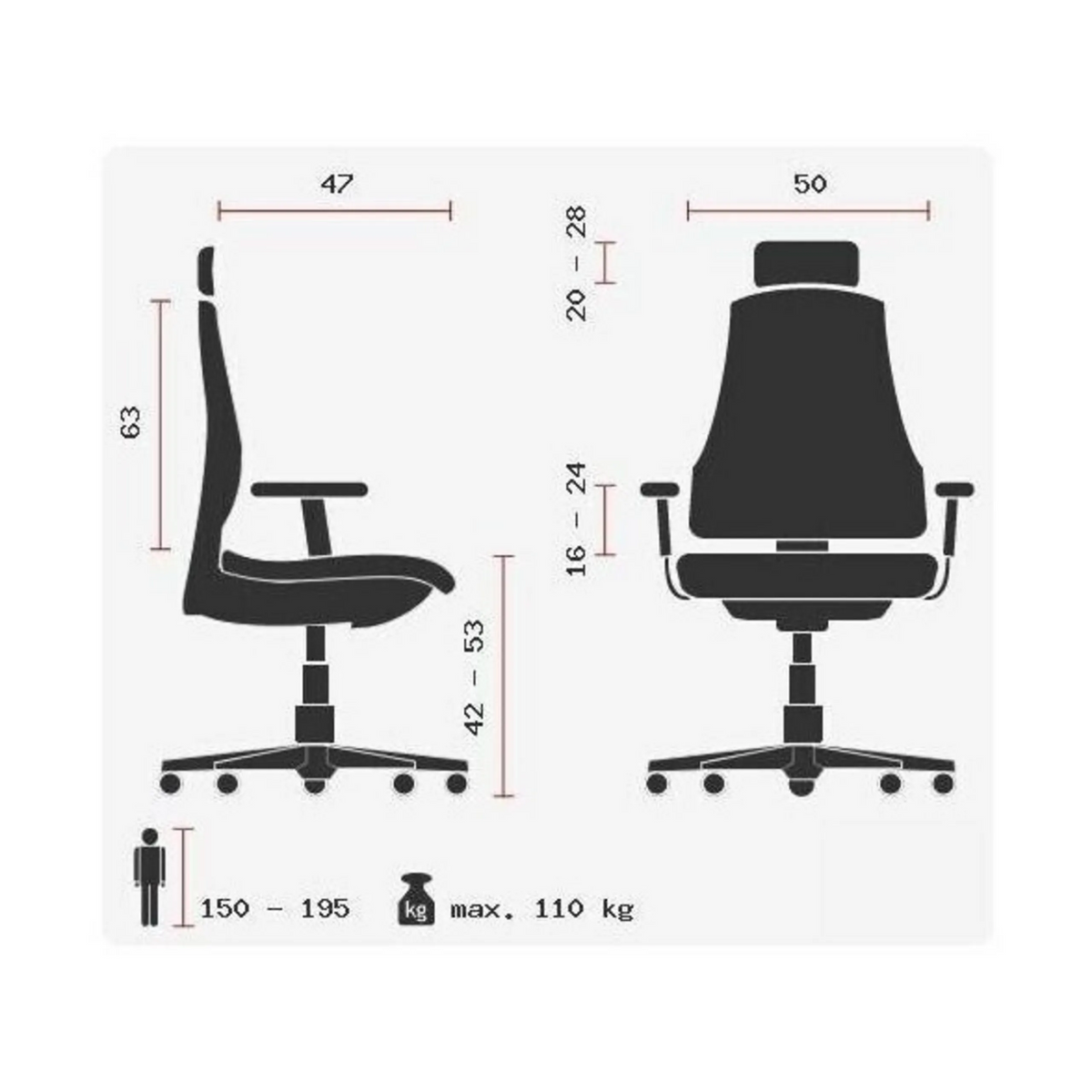 Technische Zeichnung des Profi-Bürostuhls HEAD POINT RS mit maximal 110 kg Belastung von Topstar