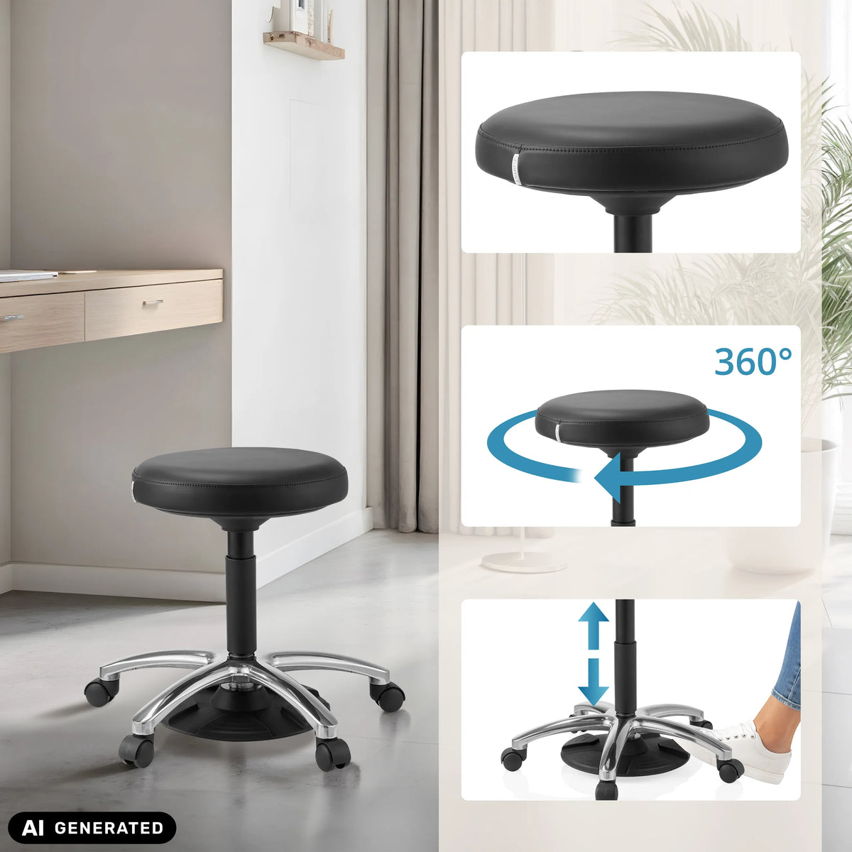 Höhenverstellbarer Drehhocker Operator Step mit 360-Grad-Drehfunktion und Rollen von hjh OFFICE (KI-generiertes Bild)