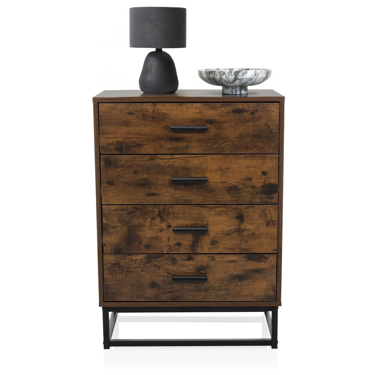Kommode VINSTRA in Braun mit vier Schubladen, schwarzen Griffen und einem schwarzen Metallgestell von hjh LIVING