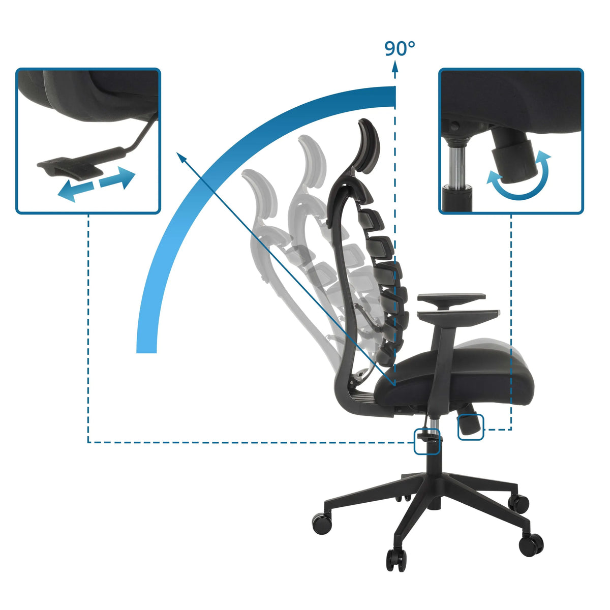 Verstellmechanismen und 90 Grad Neigung des Profi-Bürostuhls ERGO LINE ECO von hjh OFFICE