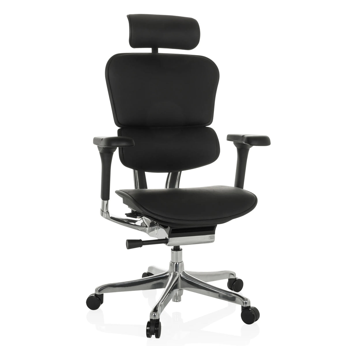 Schwarzer Luxus-Chefsessel ERGOHUMAN GEN2 aus Leder mit Kopfstütze und Fußkreuz mit fünf Rollen von hjh OFFICE – 360-Grad-Ansicht (Frontansicht 15°)